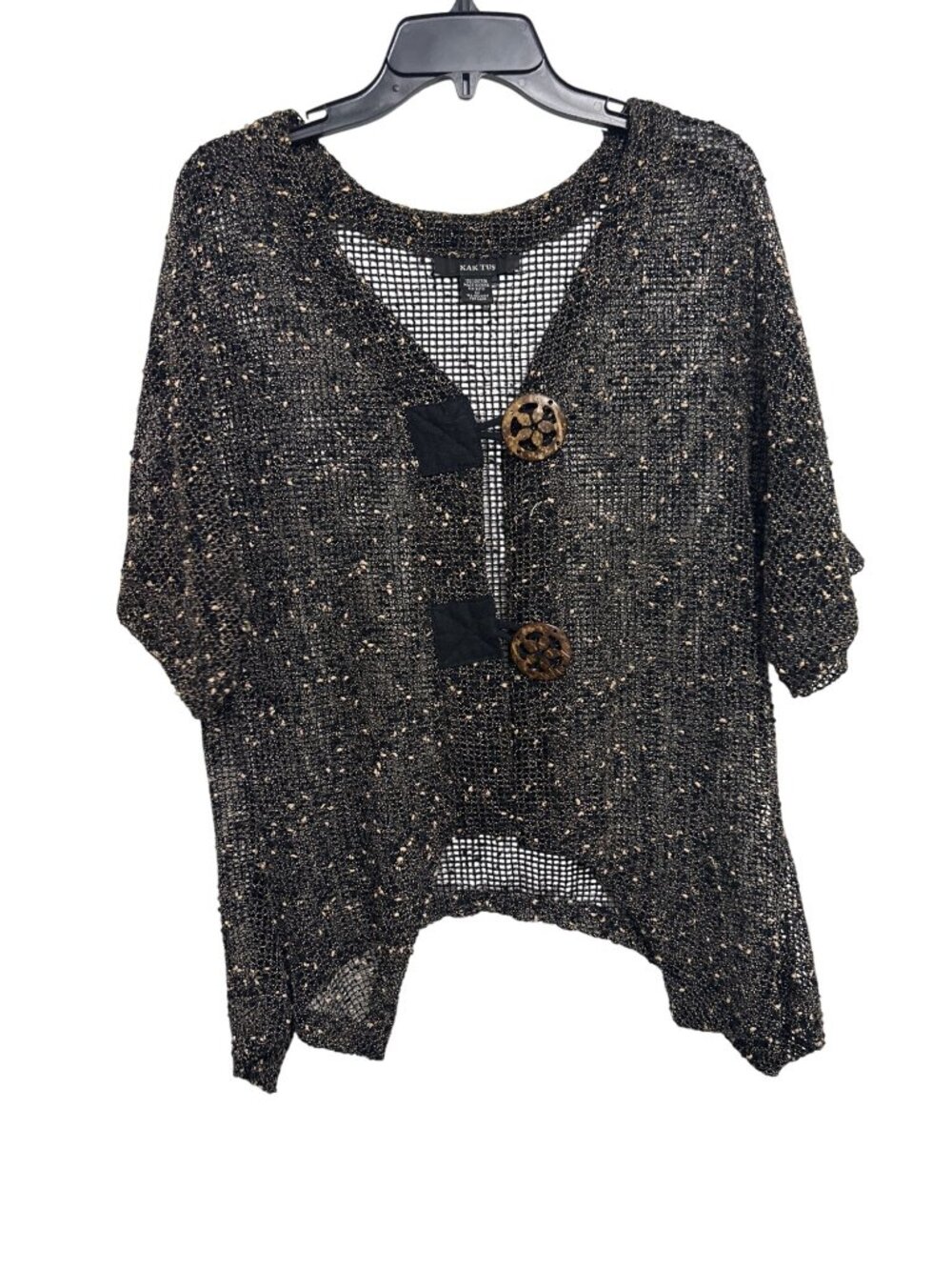 Kactus Black Open Knit Cardigan With Oversized Buttons Asymmetrical Hem And Roll